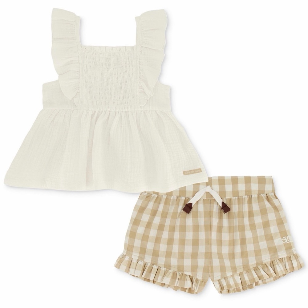 Calvin Klein Baby Girls Smocked Top & Gingham Ruffled Shorts 2 Piece Set New